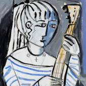 Lydia Corbett (née Sylvette David, b. 1934), Sylvette Playing the Guitar for Peace on Earth, 2023. Oil on board. 39¼ x 27⅞ in (99.7 x 70.7 cm). Estimate: £2,000-3,000. Offered in Picasso Ceramics until 1 July 2024 at Christie’s Online