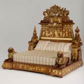 Galerie Marc Maison  Louis Malard, French cabinetmaker Monumental bed in Egyptomania style, 19th century Walnut with polychromy Presented at the 1889 Exposition Universelle in Paris. This bed is part of a complete bedroom set H 271 x W 232 x D 260 cm