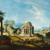 Marieschi, Michele Venedig 1696 - 1743

Capriccio. Italienische Landschaft mit Ruinen und einem Tempel. Unten rechts Reste einer nachträglichen Bezeichnung (Sammlungsvermerk?). Öl auf Leinwand. Doubliert. 73 x 97cm. Rahmen.

Rückseitig:
Auf dem Keilrahmen Zollvermerk.