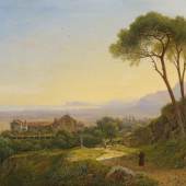 Morgenstern, Carl
Frankfurt/Main 1811 - 1893

Morgenstimmung in den Bergen beim Kloster Baida auf Sizilien. Im Hintergrund an der Küste die Stadt Palermo. Signiert und datiert unten rechts: Carl Morgenstern ft 1840. Öl auf Leinwand. Doubliert. 32,5 x 46,5cm. Rahmen.
Rückseitig:
Auf dem Keilrahmen alter Klebezettel mit Angaben zur Darstellung.