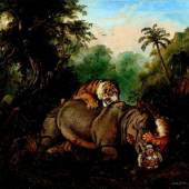  Raden Saleh Ben Jaggia  Kampf zwischen einem Rhinozeros und zwei Tigern | 1840 | Öl auf Leinwand | 48 x 60cm  Ergebnis: 563.200 Euro