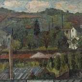 Oskar Schlemmer (1888 – 1943) „Ansicht der Gärtnerei beim Stuttgarter Pragfriedhof“, ca. 1911/1913. Öl auf Leinwand. Signiert.  80 x 96,5 cm