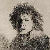 Rembrandts (1606-1669) Selbstbildnis mit offenem Mund zeigt den berühmten holländischen Meister im Alter von 24 Jahren (Radierung auf Bütten, 7,3 x 6,2 cm, Schätz- preis 1500 Euro)