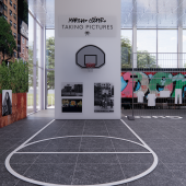 Beispiel eines Streetball fields (Rucker Park) in der Ausstellungshalle Rendering Foto JASA Studio in Berlin