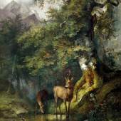 Friedrich Gauermann (1807 – 1862)  „Waldlandschaft mit zwei Rehen an der Tränke", Öl auf Holz, WVZ-Nr. 146 1833, 59,5 x 45,8 cm