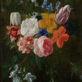 A164 / 3042 NICOLAES VAN VEERENDAEL (1640 Antwerpen 1691) Blumenbouquet mit Rosen und Tulpen. Öl auf Leinwand. 48x31 cm.  CHF 35 000 / 50 000