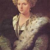 Diese Bilder- Vorlage Portrait der Isabella d Este, Markgraefin von Mantua Von Tizian Bilder als hochwertiges, handgemaltes Gemälde. Wir malen Ihr Ölgemälde nach Ihrer Vorlage. Originalformat: 102 x 64 cm 