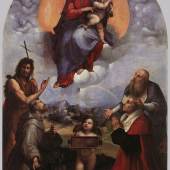 Raffael Sanzio 1483 - 1520, "Die Madonna von Foligno", 1512, Öl auf Holz, auf Leinwand übertragen, Musei Vaticani, Rom. Bildmaterial: www.italianvisits.com 
