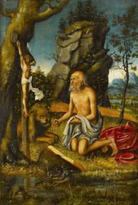 LUCAS CRANACH D. Ä. UND WERKSTATT (Kronach 1472-1553 Weimar) Heiliger Hieronymus in der Einöde Öl auf Lindenholz, 34,7 x 23,5 cm