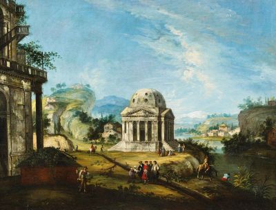 Marieschi, Michele Venedig 1696 - 1743  Capriccio. Italienische Landschaft mit Ruinen und einem Tempel. Unten rechts Reste einer nachträglichen Bezeichnung (Sammlungsvermerk?). Öl auf Leinwand. Doubliert. 73 x 97cm. Rahmen.  Rückseitig: Auf dem Keilrahmen Zollvermerk.